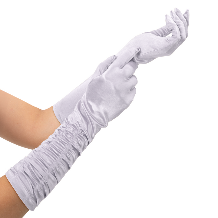 Rękawiczki satynowe z marszczeniem srebrne 42 cm