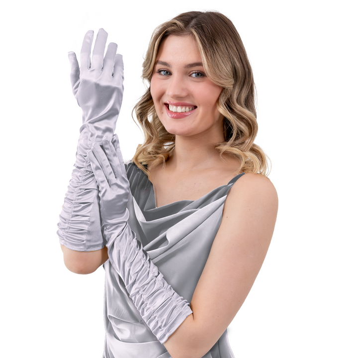 Rękawiczki satynowe z marszczeniem srebrne 42 cm