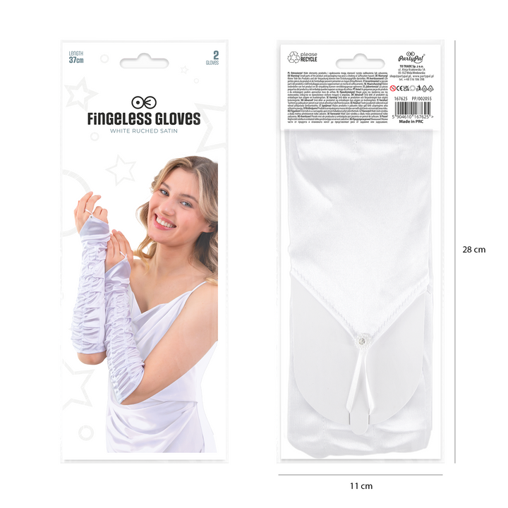 Rękawiczki satynowe z marszczeniem na palec z cyrkonią białe 37 cm