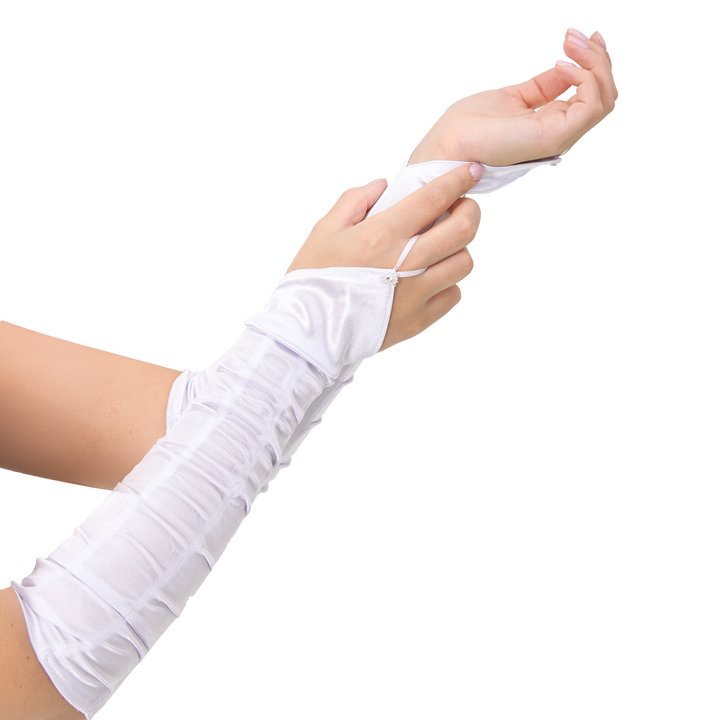 Rękawiczki satynowe z marszczeniem na palec z cyrkonią białe 37 cm