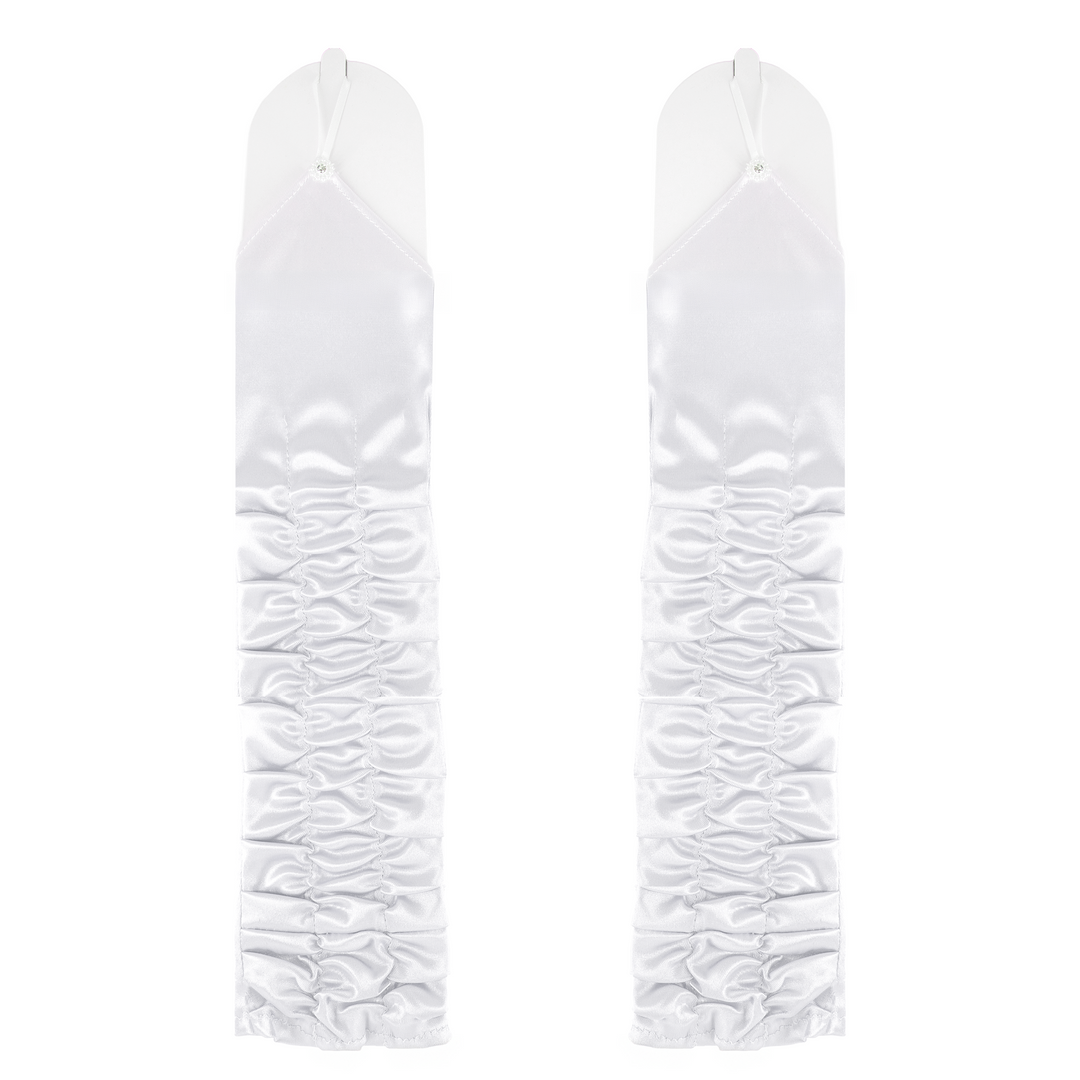 Rękawiczki satynowe z marszczeniem na palec z cyrkonią białe 37 cm