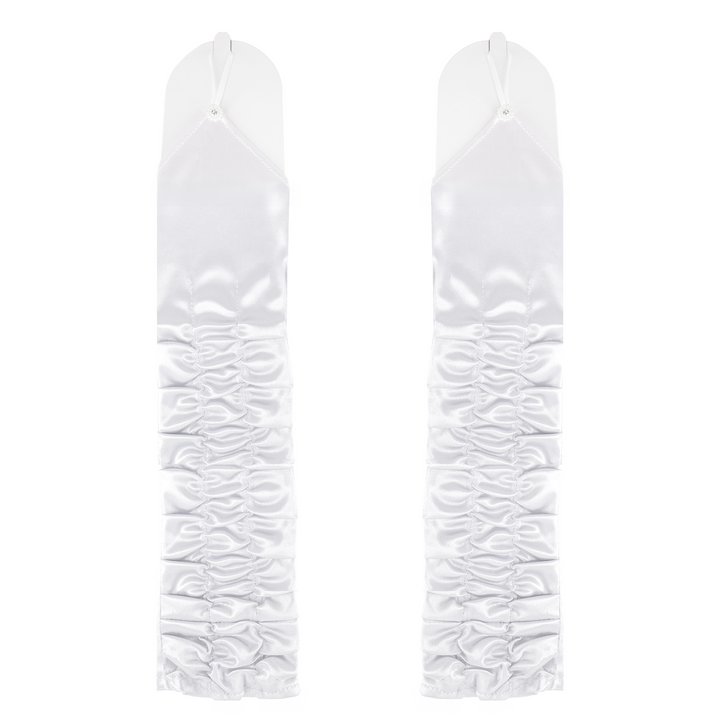 Rękawiczki satynowe z marszczeniem na palec z cyrkonią białe 37 cm