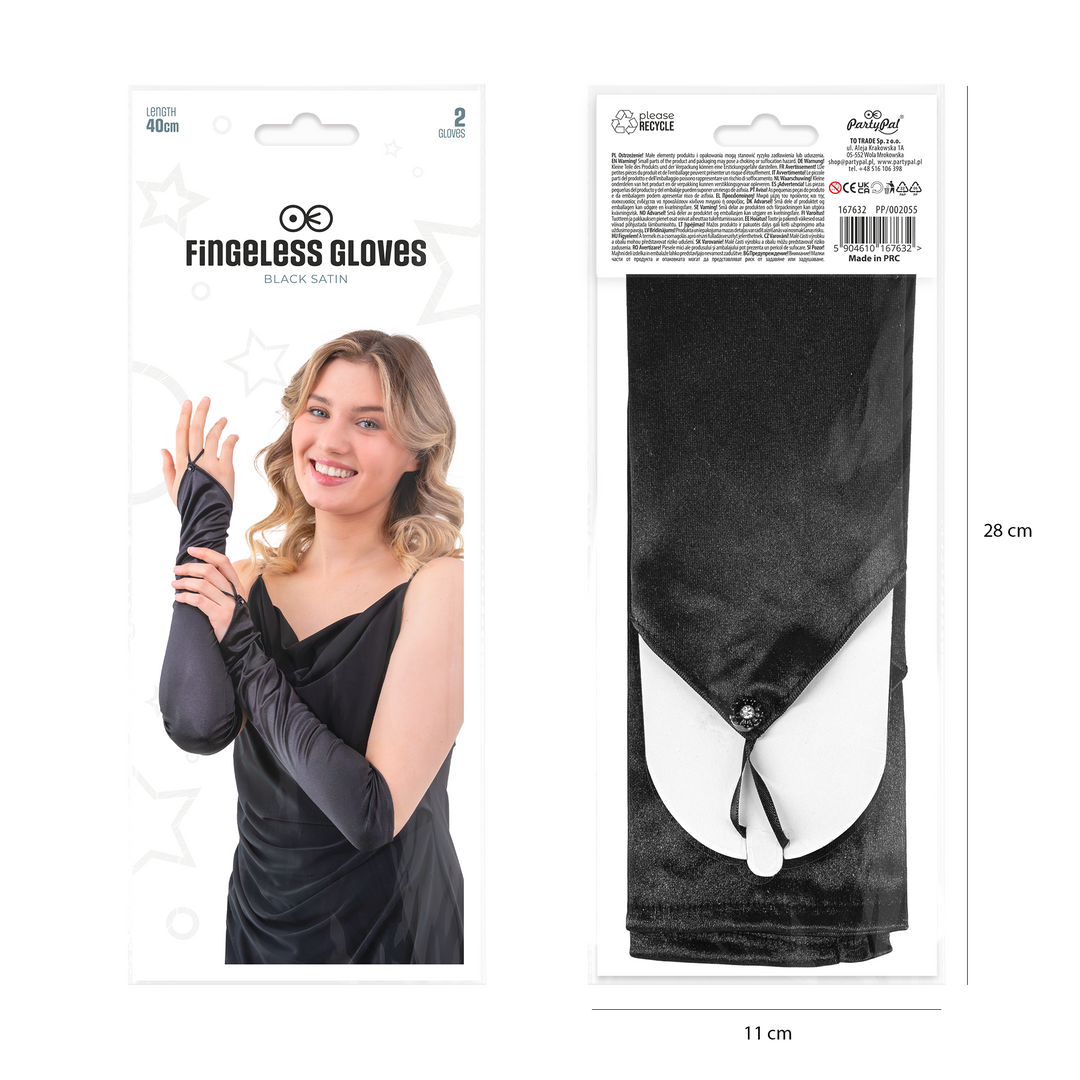 Rękawiczki satynowe czarne na palec z cyrkonią 40 cm