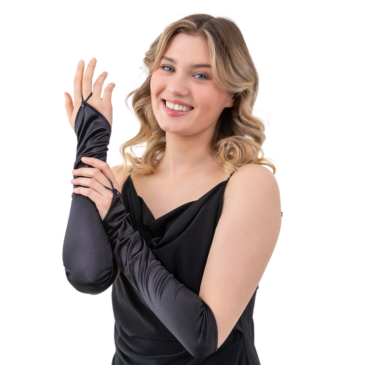 Rękawiczki satynowe czarne na palec z cyrkonią 40 cm