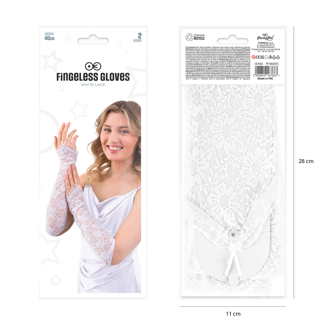 Rękawiczki koronkowe na palec z cyrkonią białe 40 cm