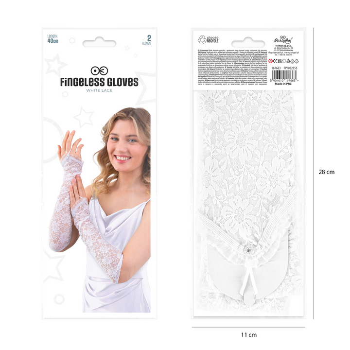 Rękawiczki koronkowe na palec z cyrkonią białe 40 cm