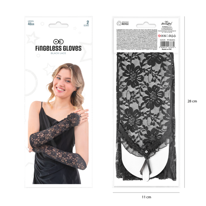 Rękawiczki koronkowe na palec z cyrkonią czarne 40 cm