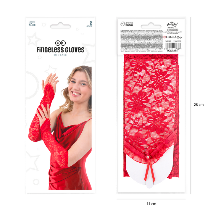 Rękawiczki koronkowe na palec z cyrkonią czerwone 40 cm