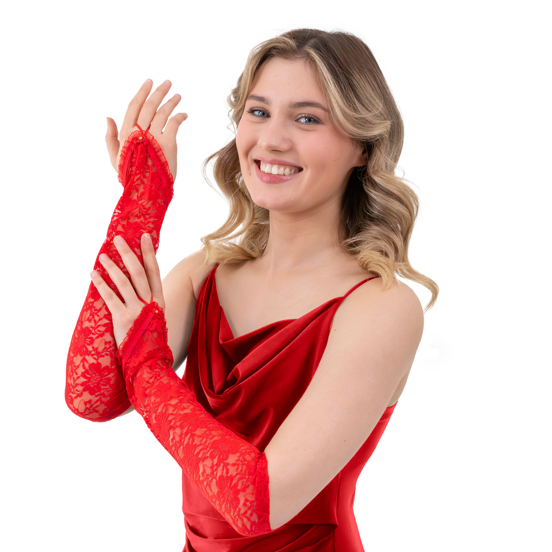 Rękawiczki koronkowe na palec z cyrkonią czerwone 40 cm