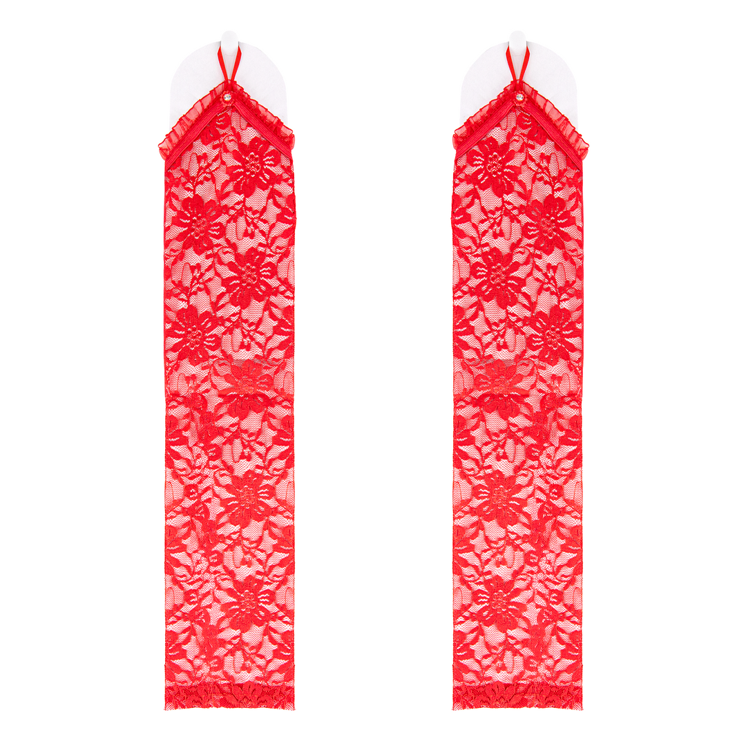 Rękawiczki koronkowe na palec z cyrkonią czerwone 40 cm