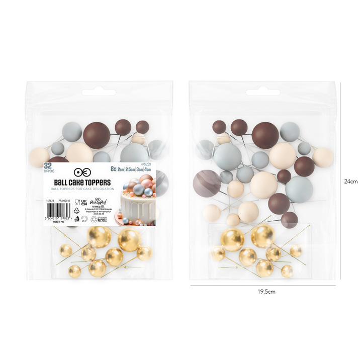 Cake toppers balls brown / gold / beige / gray 32 pcs set.