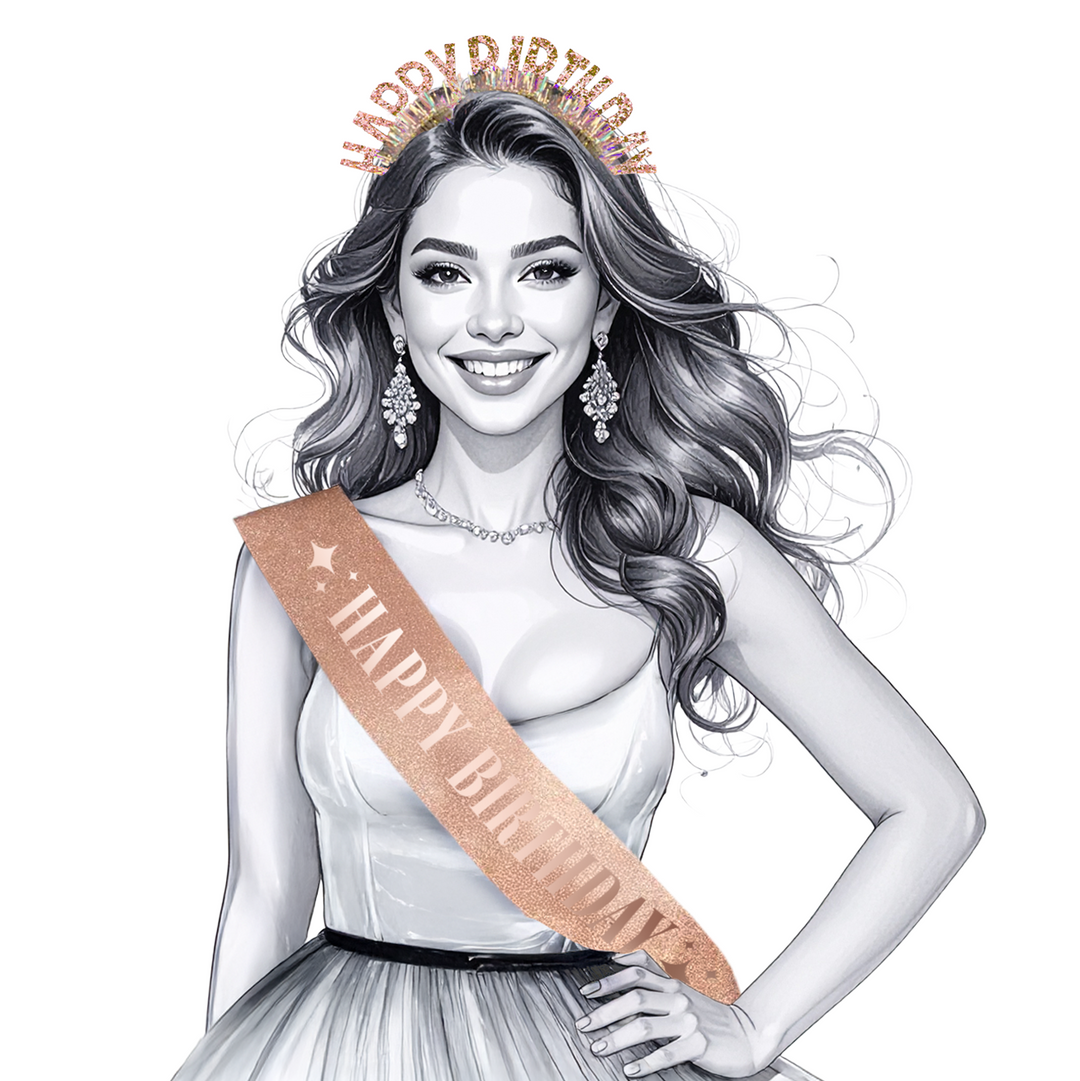 Szarfa i opaska urodzinowa Happy Birthday rose gold - zestaw