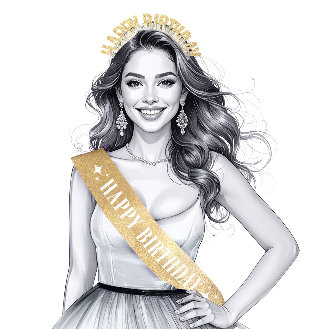 Szarfa i opaska urodzinowa Happy Birthday złota - zestaw