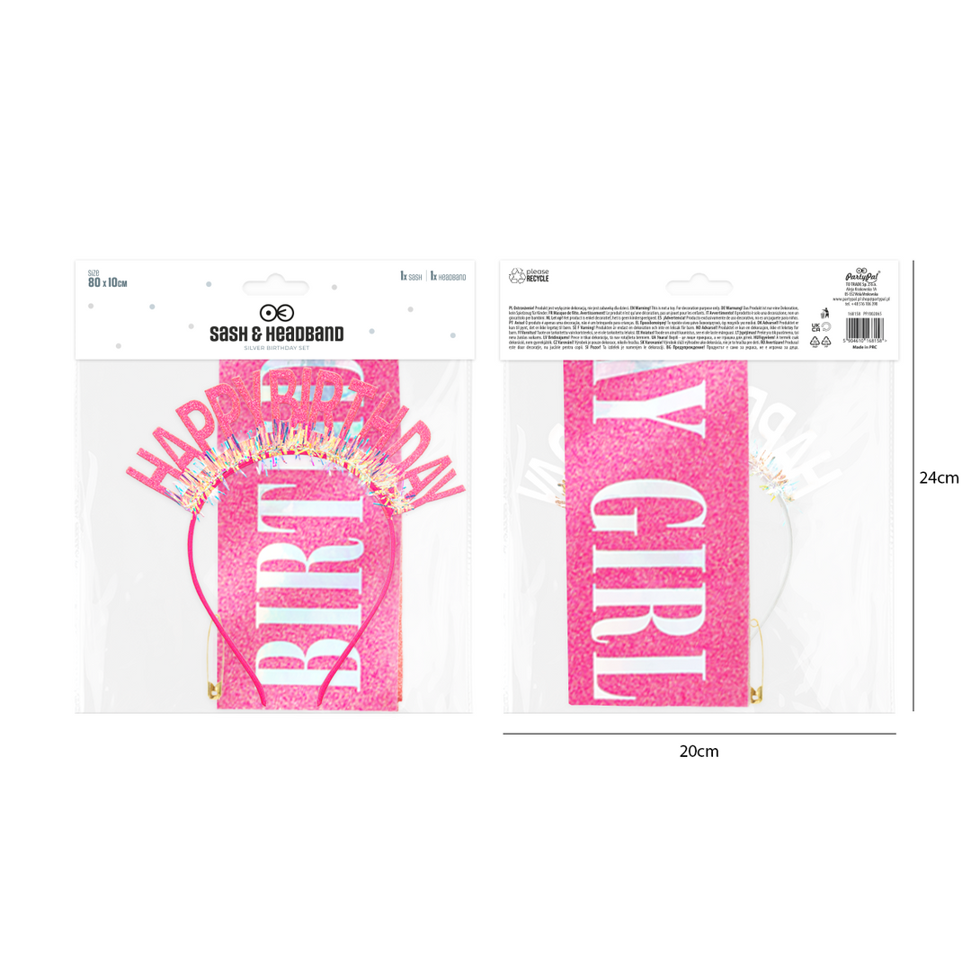 Szarfa i opaska urodzinowa Happy Birthday różowa - zestaw