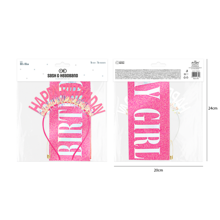 Szarfa i opaska urodzinowa Happy Birthday różowa - zestaw