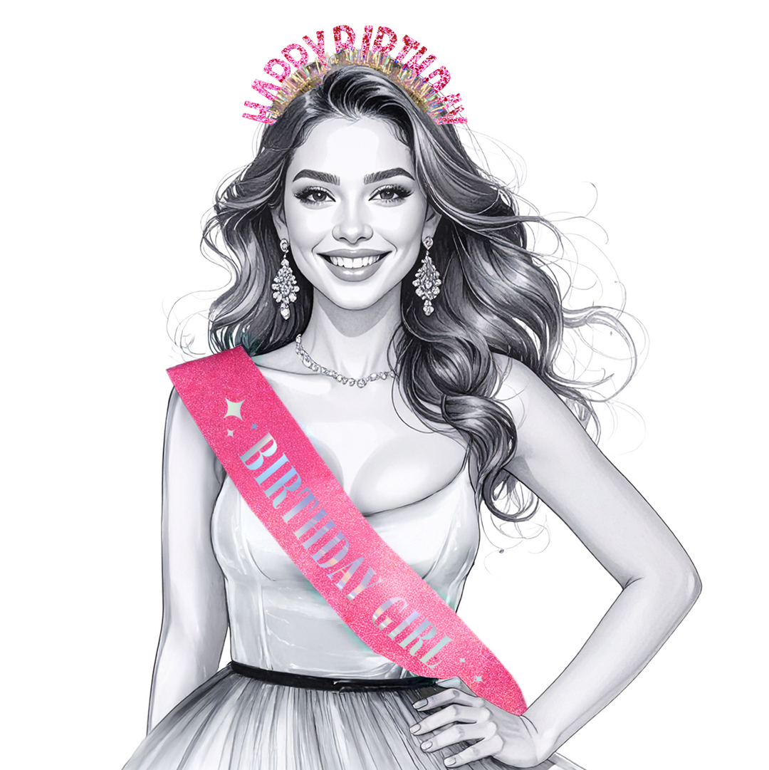 Szarfa i opaska urodzinowa Happy Birthday różowa - zestaw