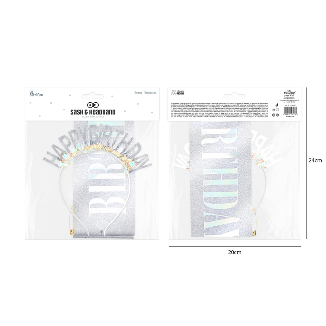 Szarfa i opaska urodzinowa Happy Birthday srebrna - zestaw