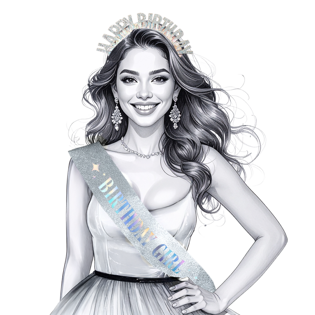 Szarfa i opaska urodzinowa Happy Birthday srebrna - zestaw