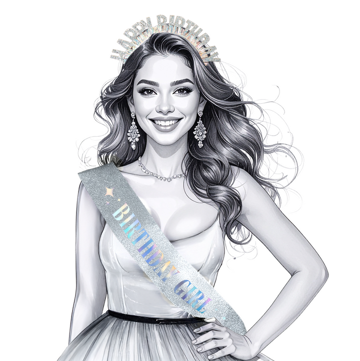 Szarfa i opaska urodzinowa Happy Birthday srebrna - zestaw