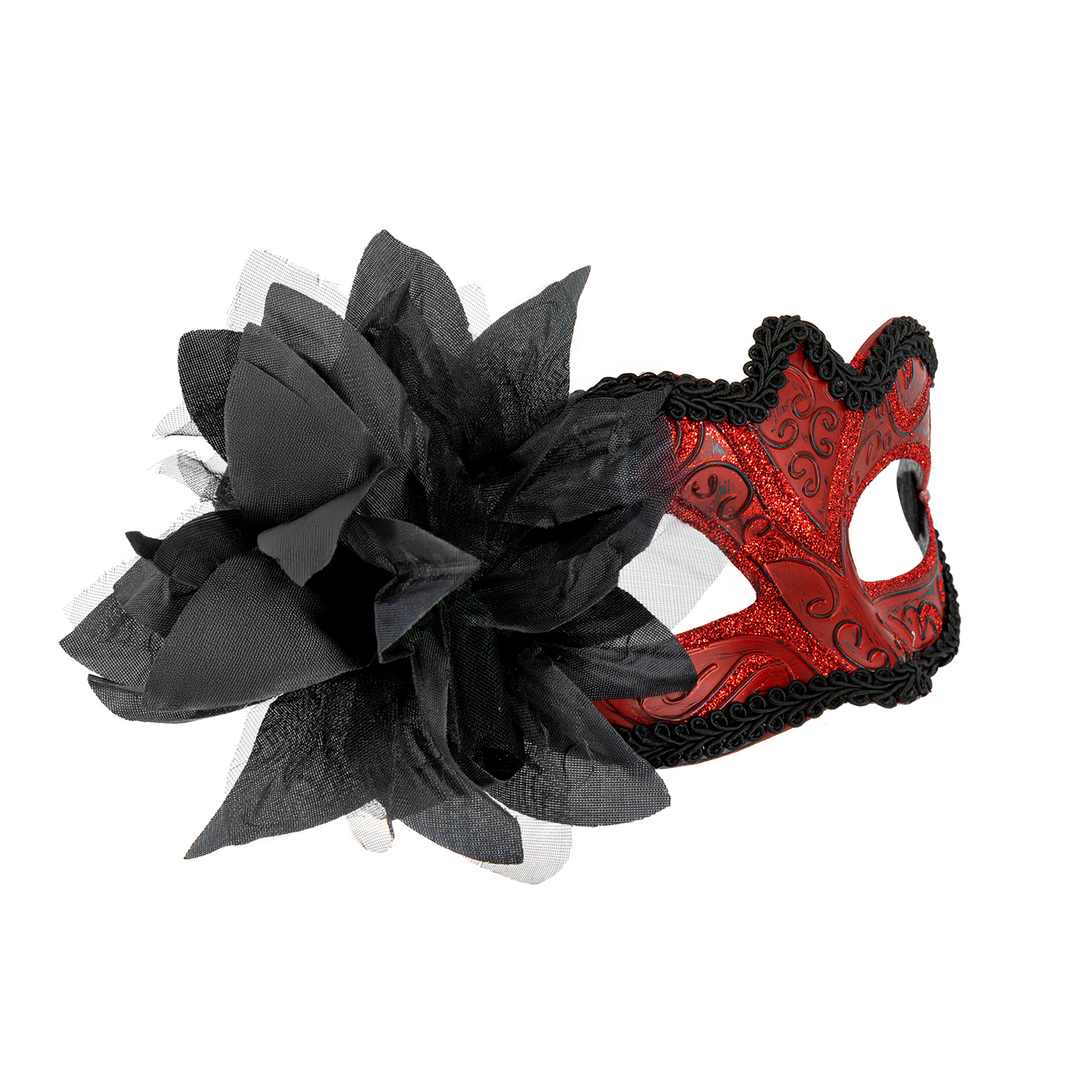 Maska karnawałowa z kwiatem czerwona