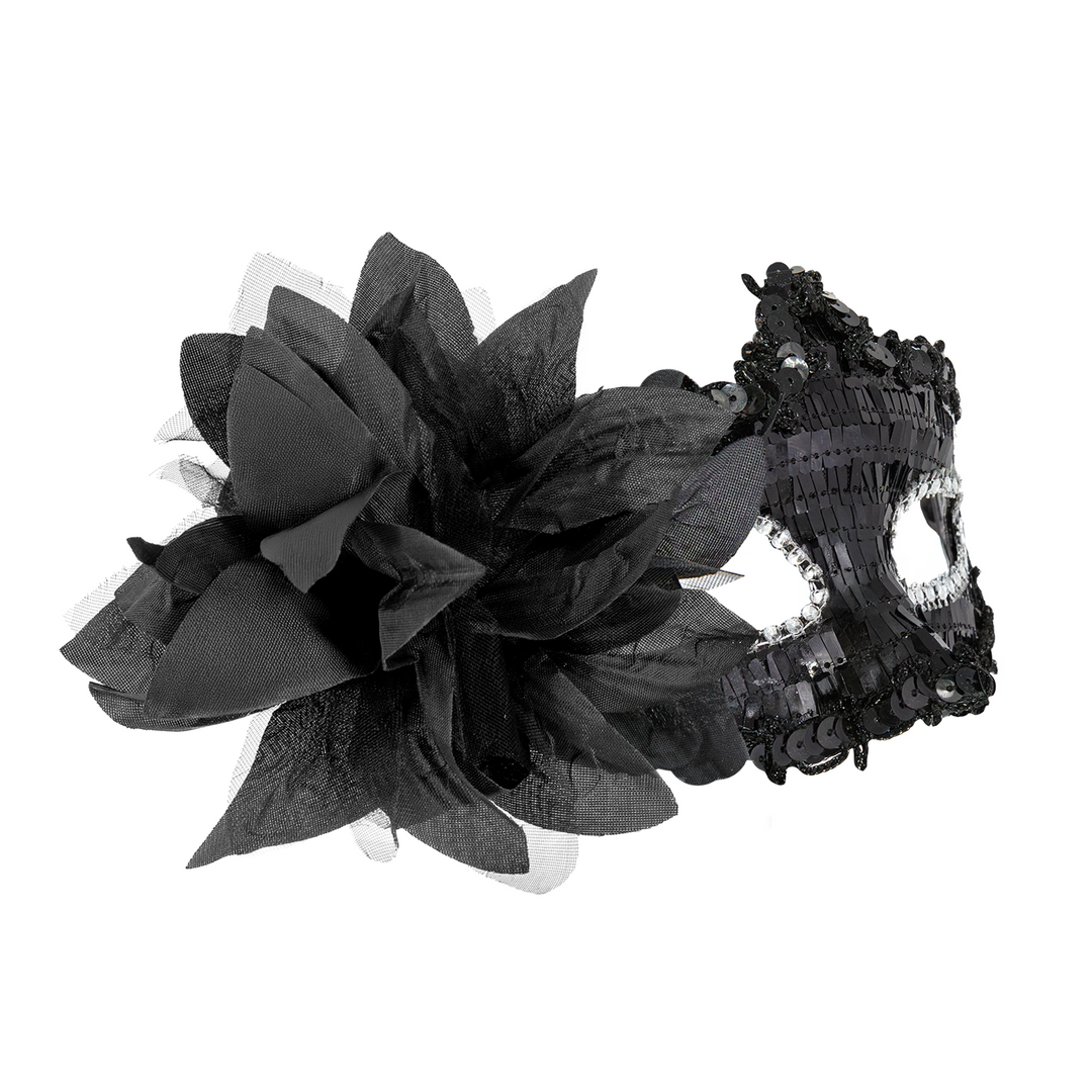 Maska karnawałowa z cekinami i kwiatem czarna