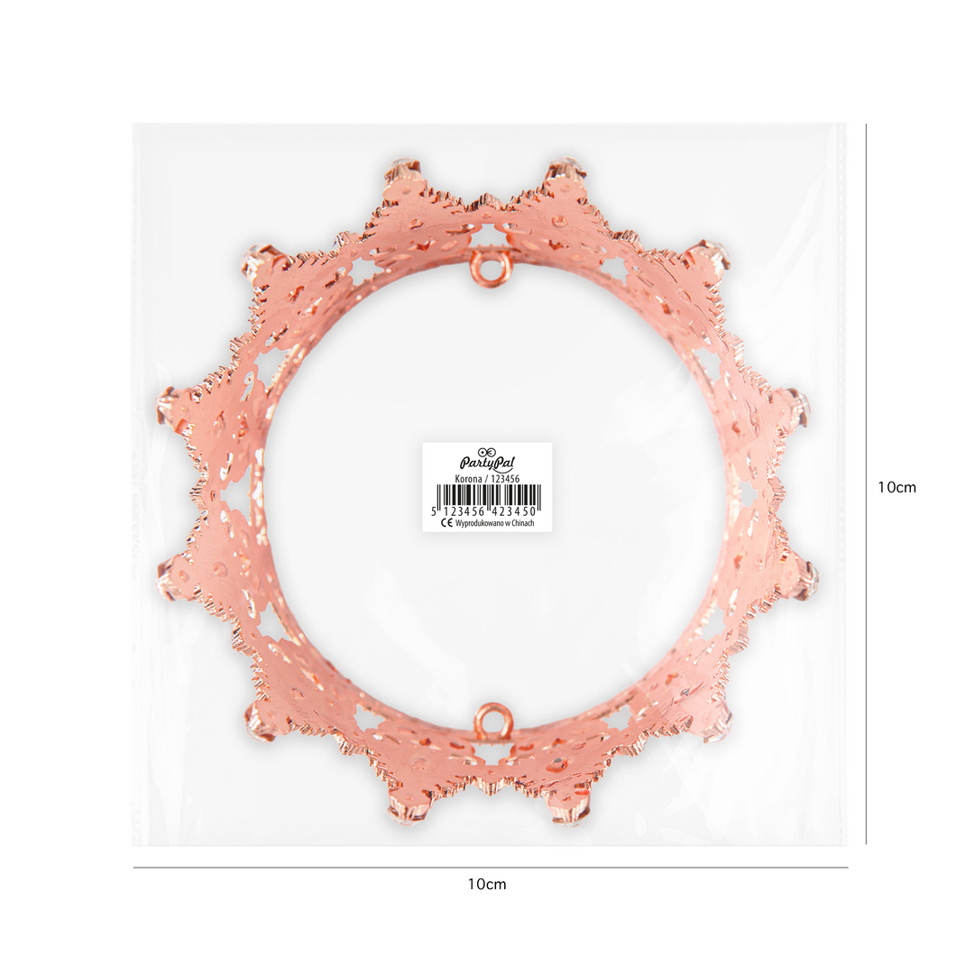 Dekoracja na tort Korona rose gold z kryształkami w kolorze rose gold i srebrnym 10 cm
