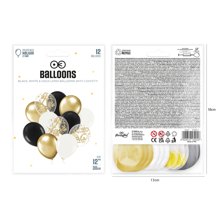 Set of black, white and gold balloons with confetti 12 inches 12 pcs.