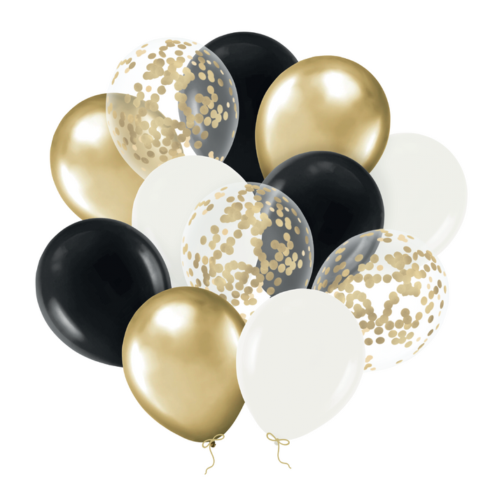 Set of black, white and gold balloons with confetti 12 inches 12 pcs.