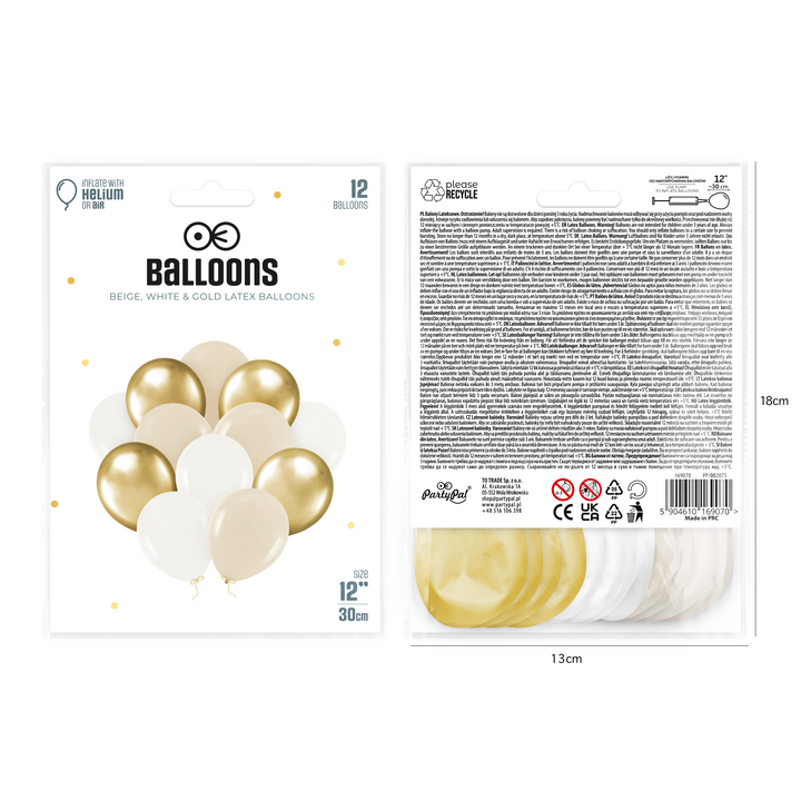 Balony beżowe, białe i złote 12cali 12szt.