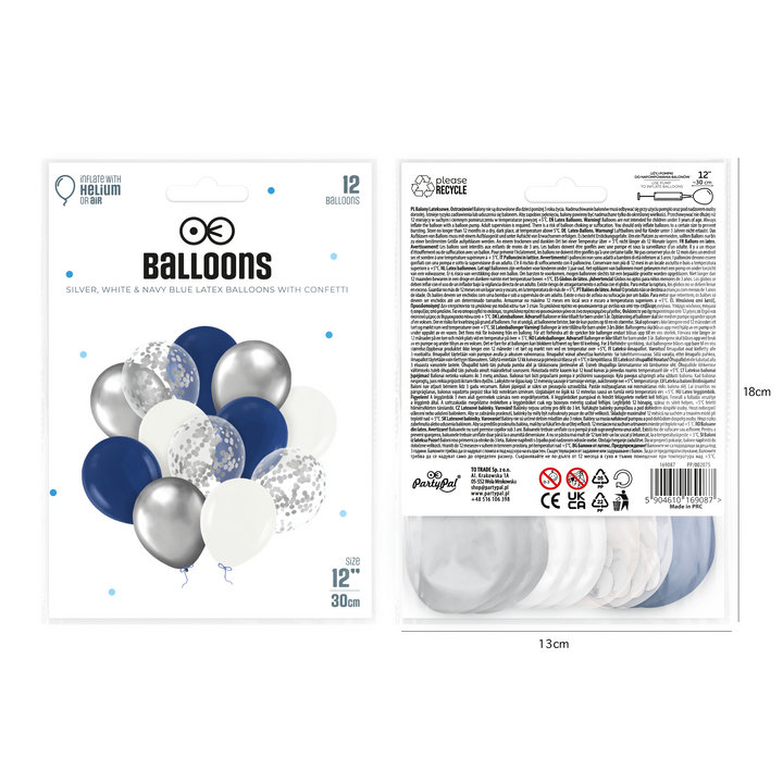 Set of silver, white and navy blue balloons with confetti 12 inches, 12 pcs.