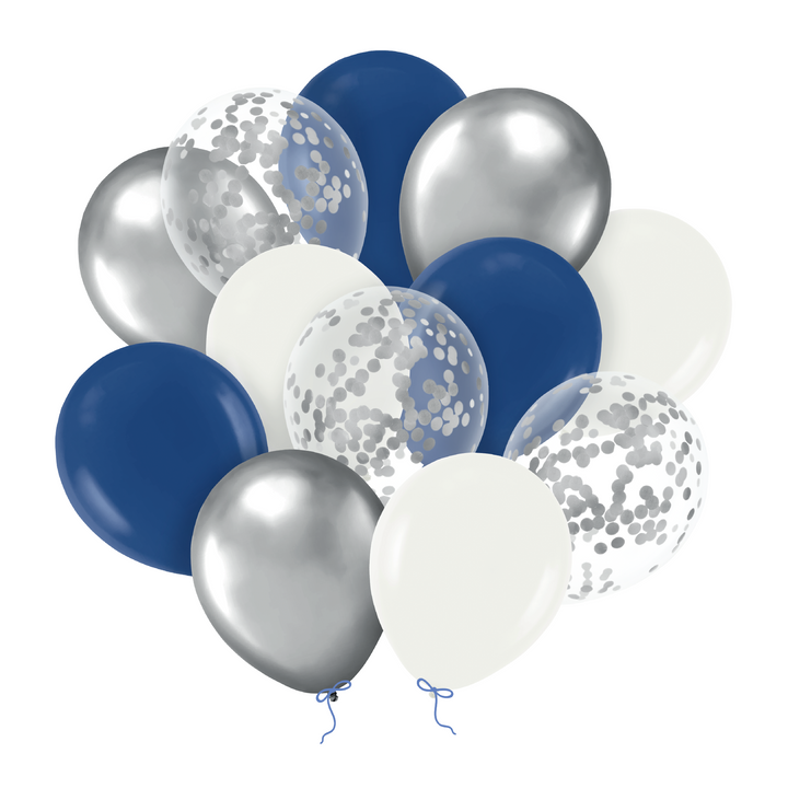 Set of silver, white and navy blue balloons with confetti 12 inches, 12 pcs.