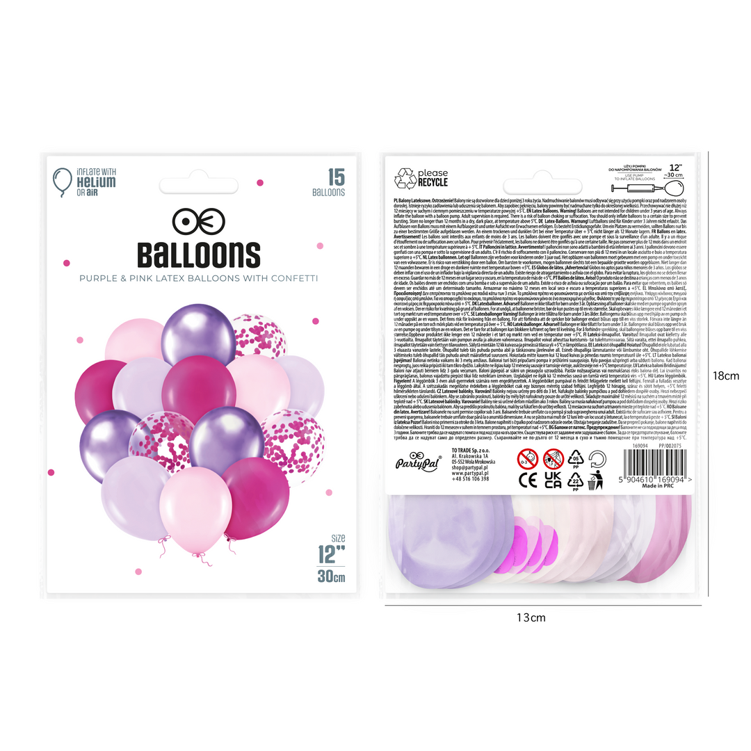 Set of purple and pink balloons with confetti 12 inches 15 pcs.