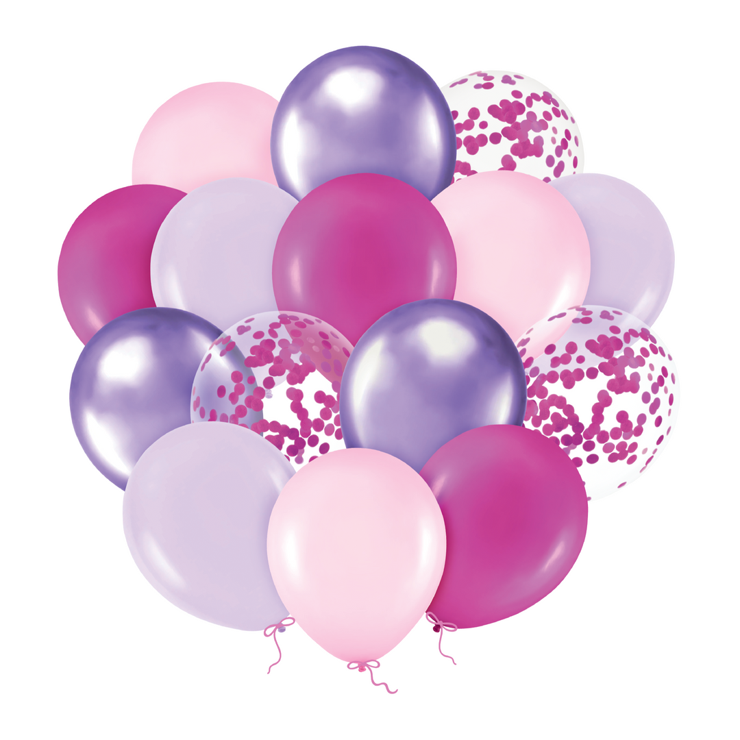 Set of purple and pink balloons with confetti 12 inches 15 pcs.