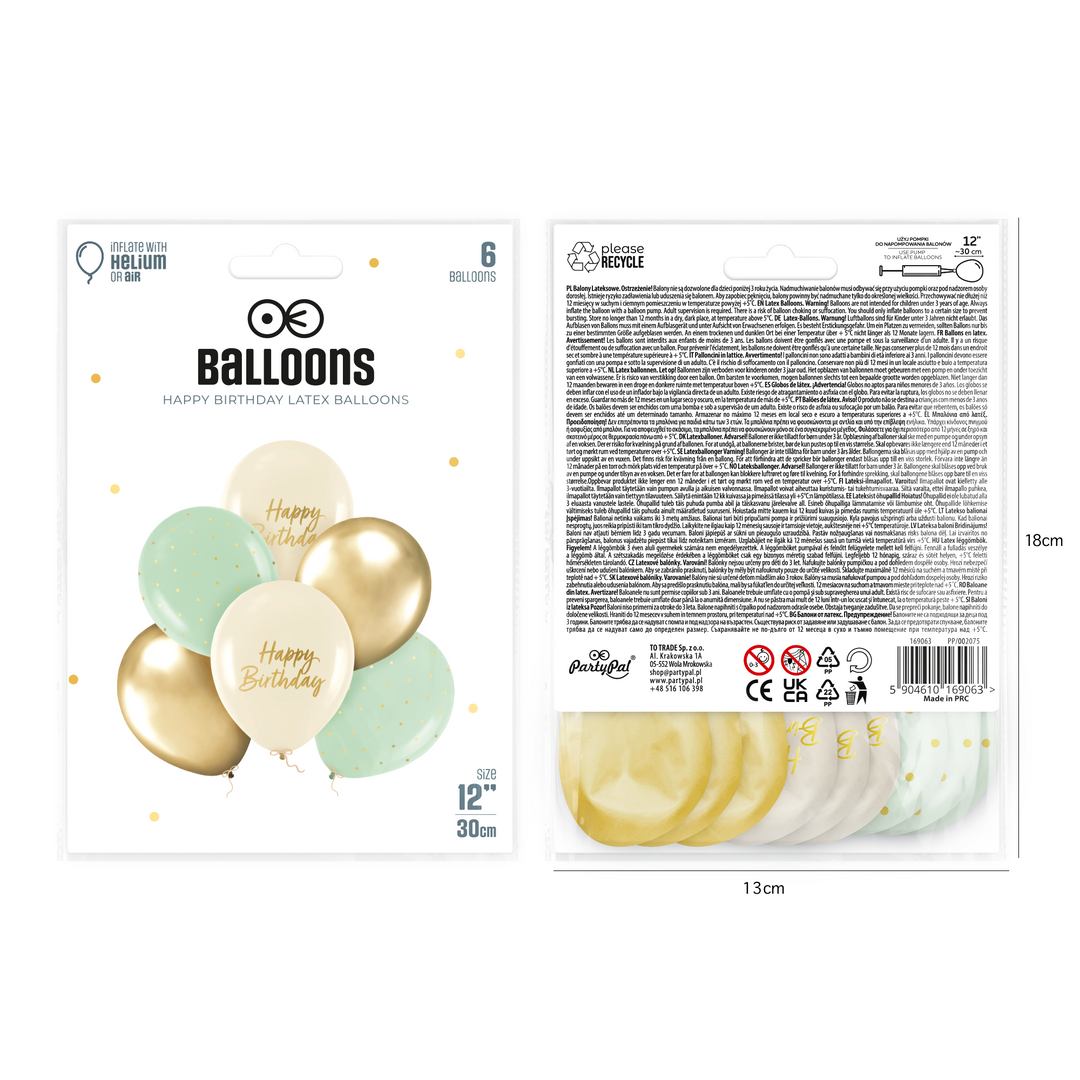 Happy Birthday Balloons Green, Beige and Gold 12 Inches 6-Pack