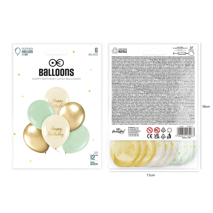 Happy Birthday Balloons Green, Beige and Gold 12 Inches 6-Pack