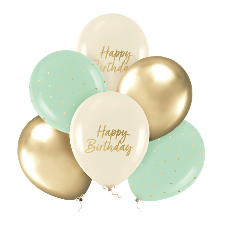 Happy Birthday Balloons Green, Beige and Gold 12 Inches 6-Pack