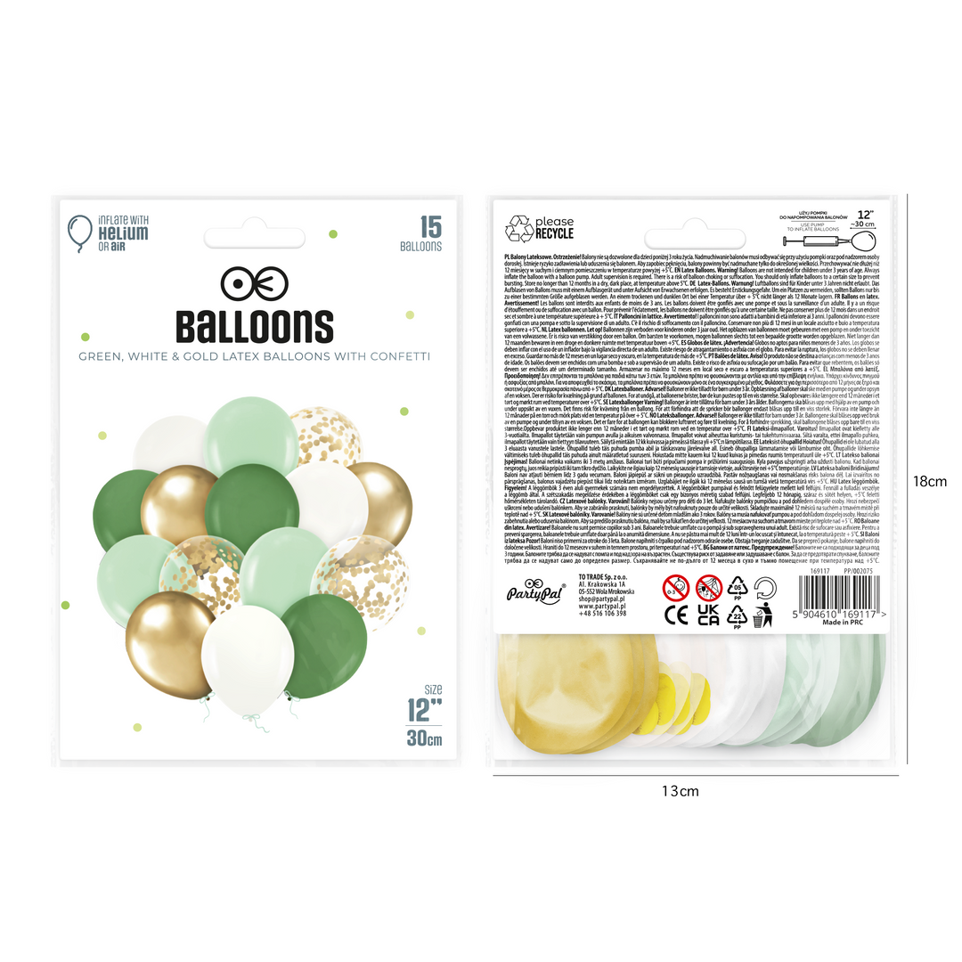Set of green, white and gold balloons with confetti 12 inches 15 pcs.