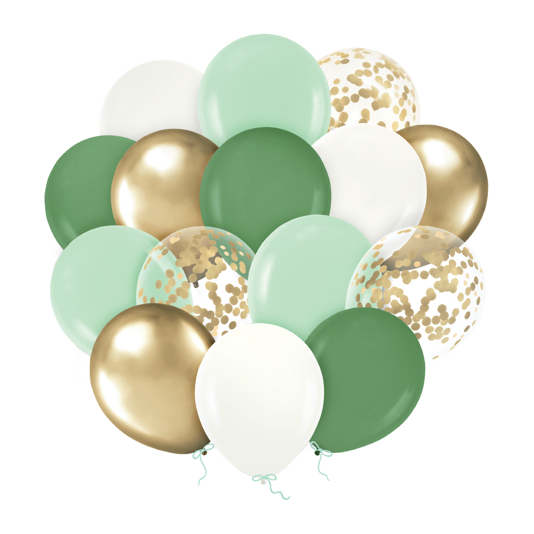 Set of green, white and gold balloons with confetti 12 inches 15 pcs.