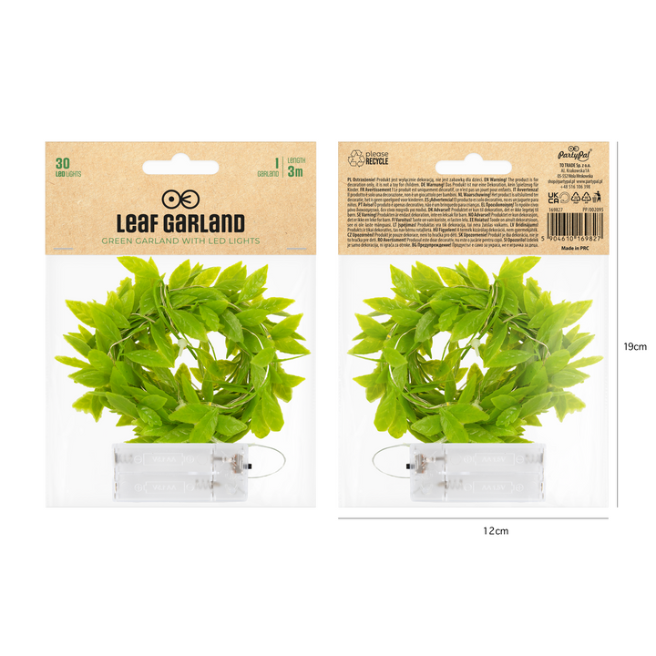 LED garland, green plastic leaves, 300cm