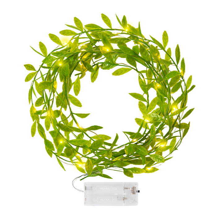 LED garland, green plastic leaves, 300cm