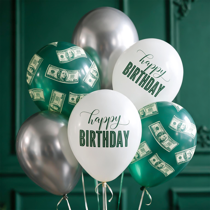 Ballons « Happy Birthday » avec des dollars $$$, 12 pouces, lot de 6