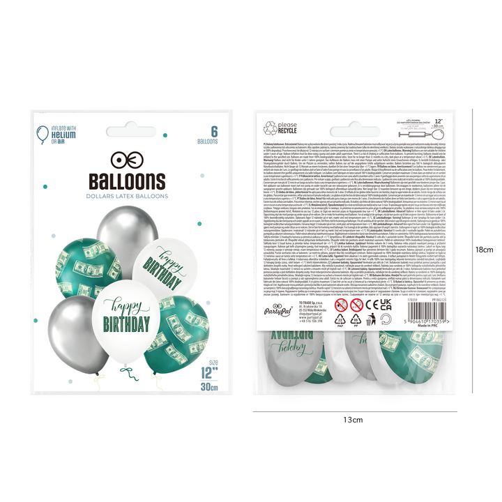 Ballons « Happy Birthday » avec des dollars $$$, 12 pouces, lot de 6