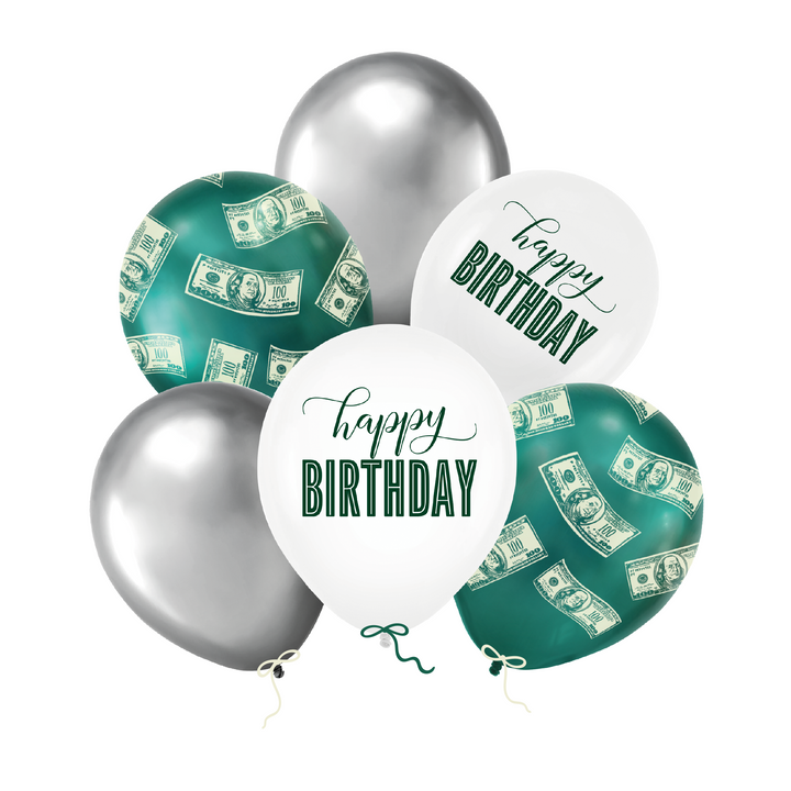 Ballons « Happy Birthday » avec des dollars $$$, 12 pouces, lot de 6
