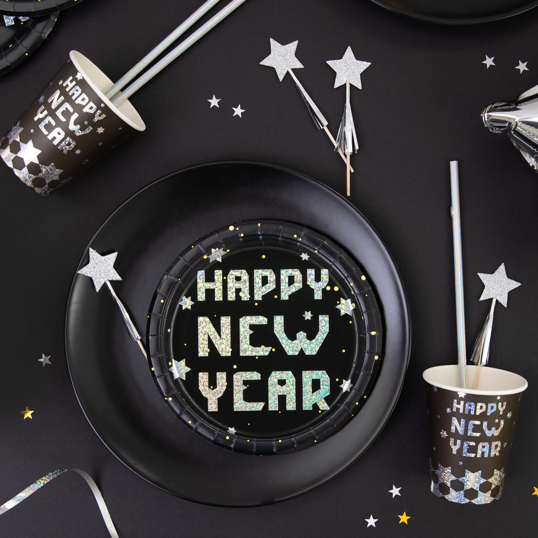 Talerzyk papierowy Happy New Year czarno-srebrny 7cali 6szt.