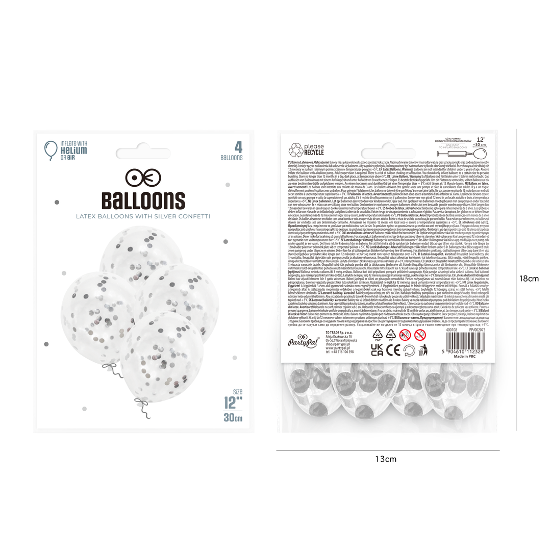 Balony z konfetti srebrnym 12cali 4szt.