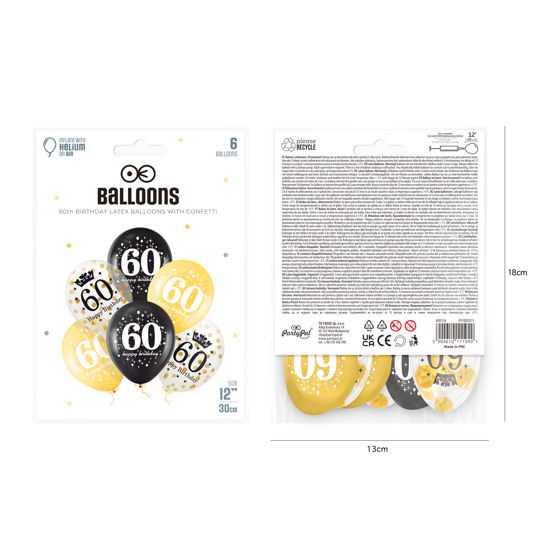 Zestaw balonów 60 urodziny z konfetti 12 cali 6szt.