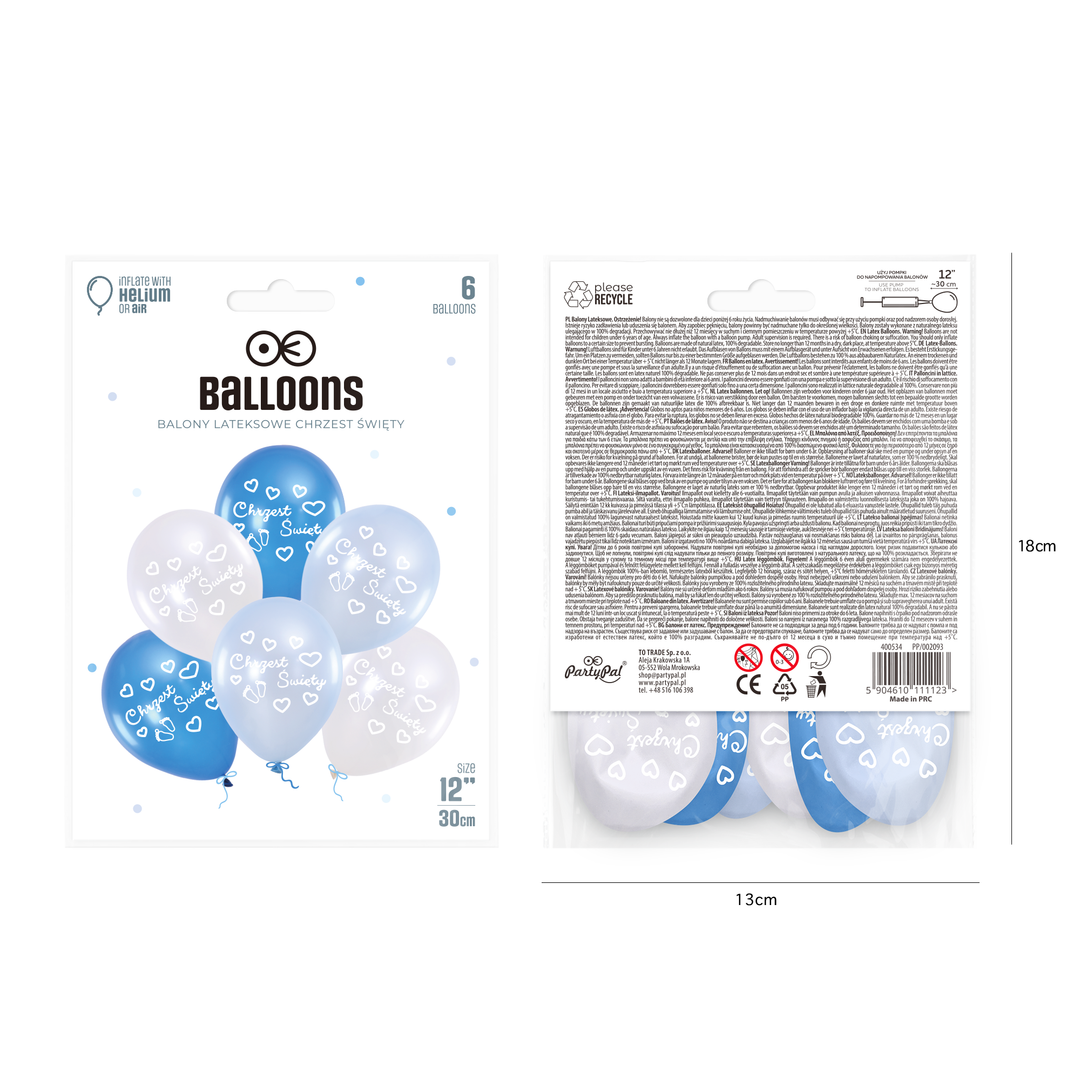Balony na Chrzest Święty niebieskie 12cali 6szt.