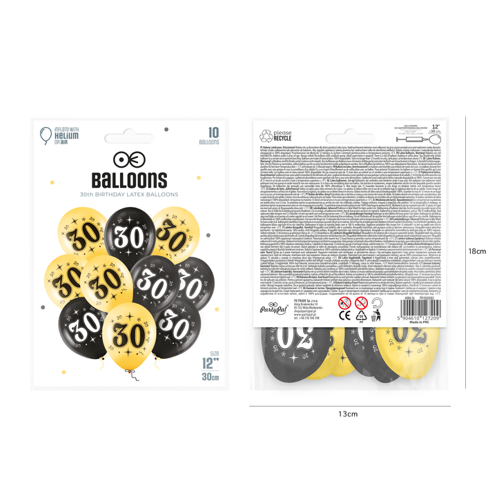 Balony złote czarne 30 urodziny 12cali 10szt
