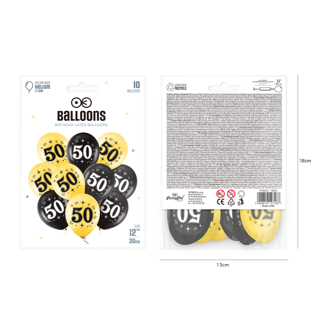 Balony złote czarne 50 urodziny 12cali 10szt.