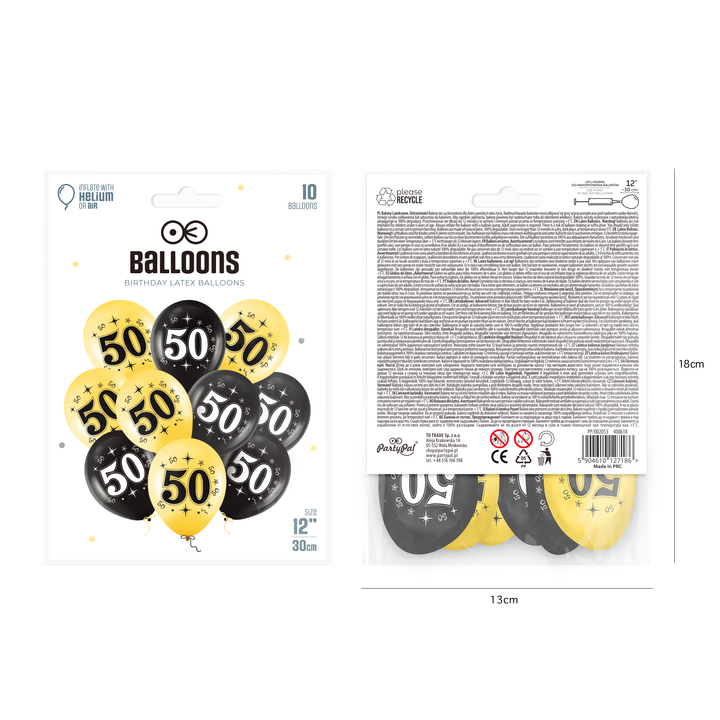 Balony złote czarne 50 urodziny 12cali 10szt.